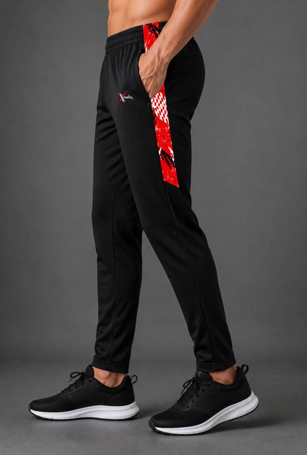Cheetrax Premium Black Track Pants for Men | 4-Way Lycra 240 GSM Stretch Sports Joggers | Red Printed Side Panel | Gym & Running Wear
